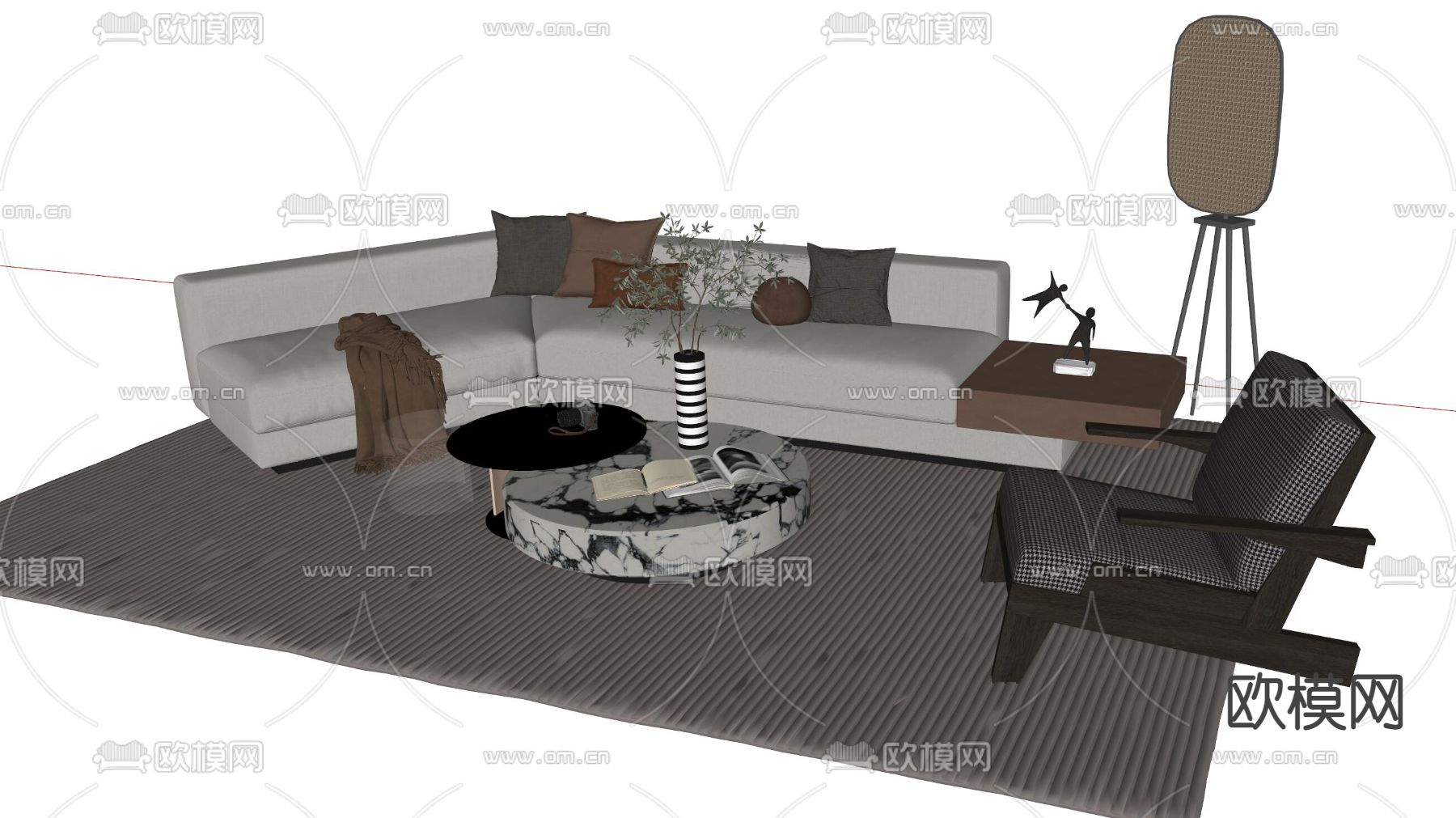 现代多人沙发茶几组合su模型下载（渲染图2）