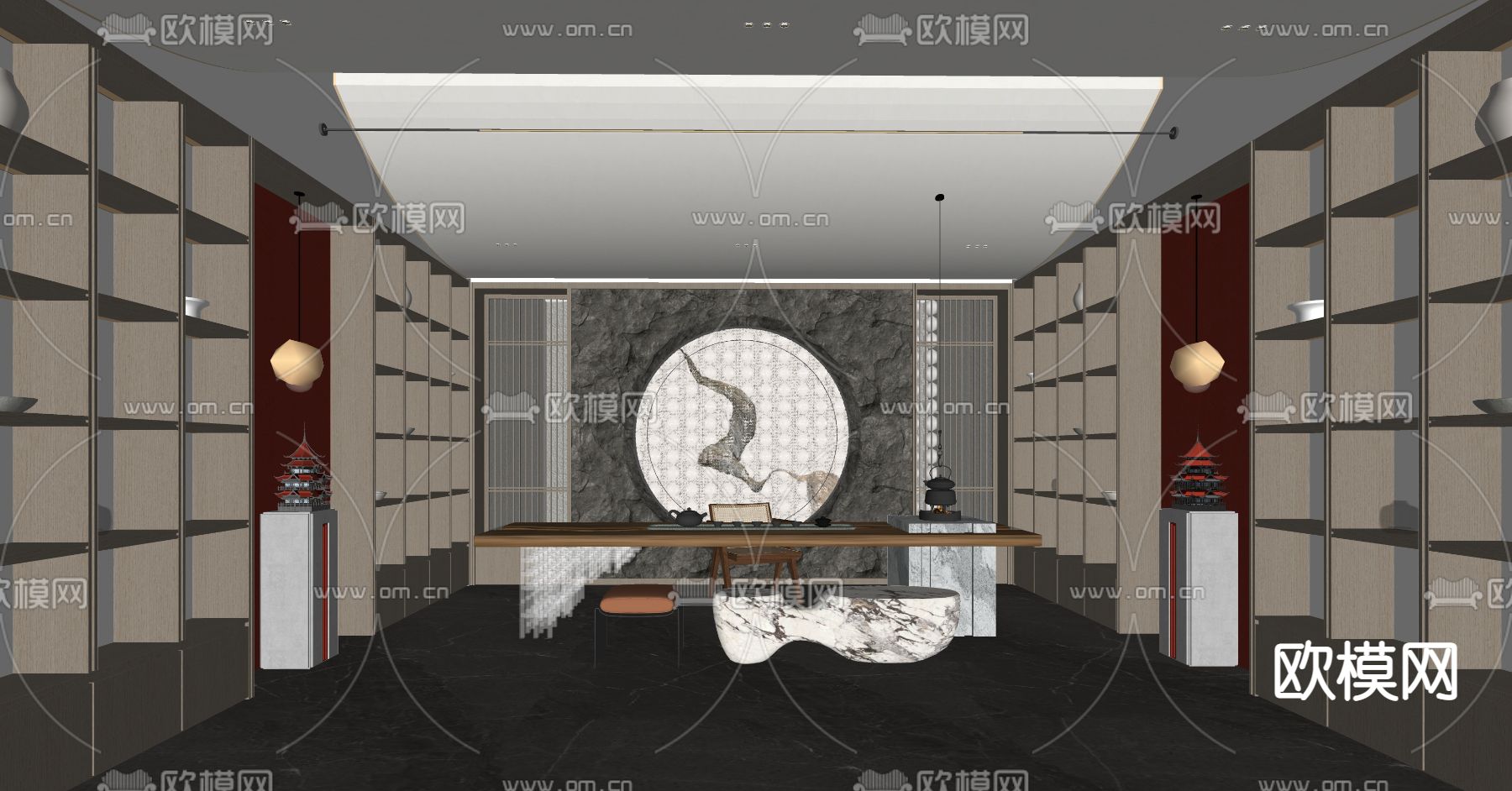 新中式茶室su模型下载（渲染图2）