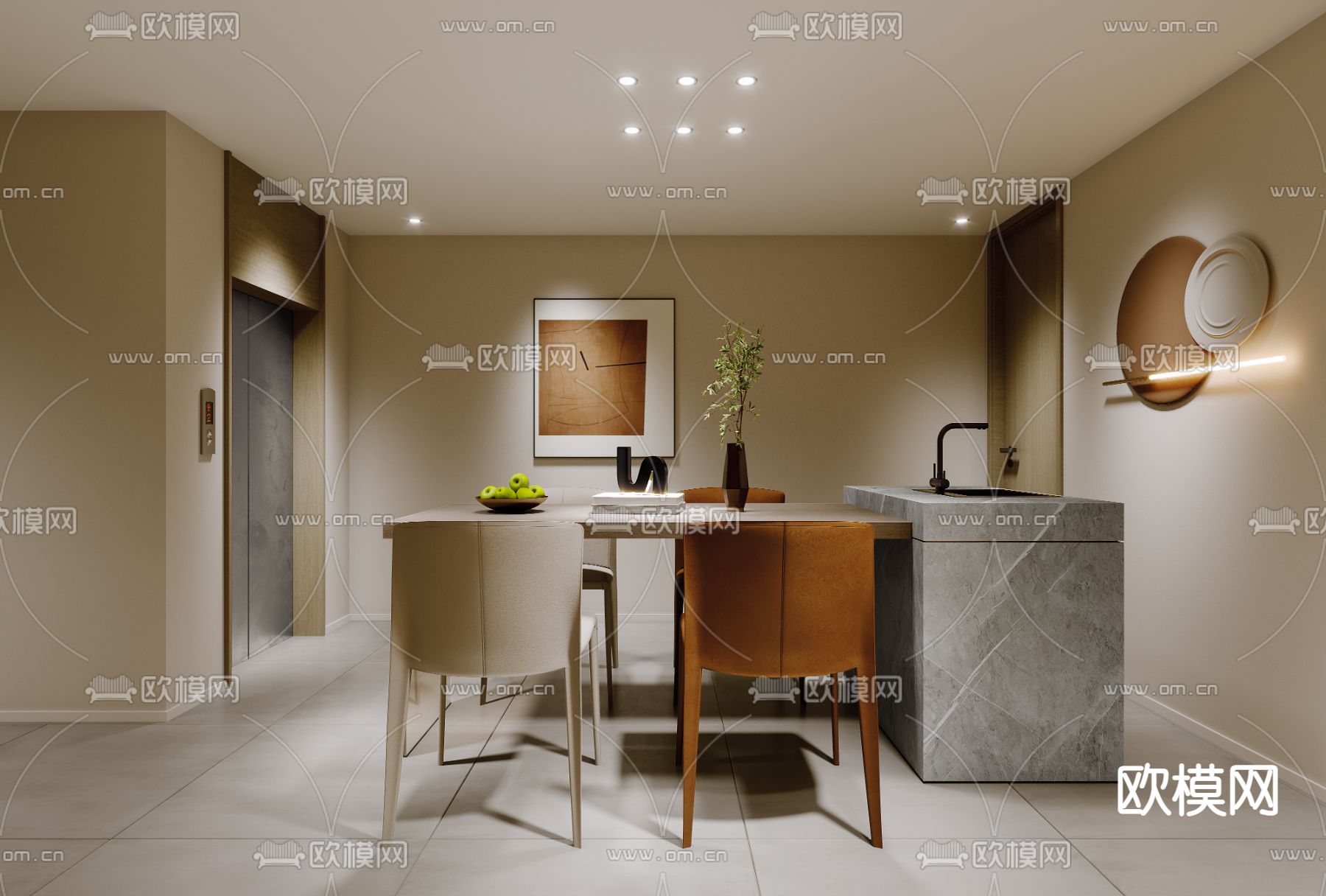 现代奶油风挑高别墅客餐厅3d模型下载（渲染图7）