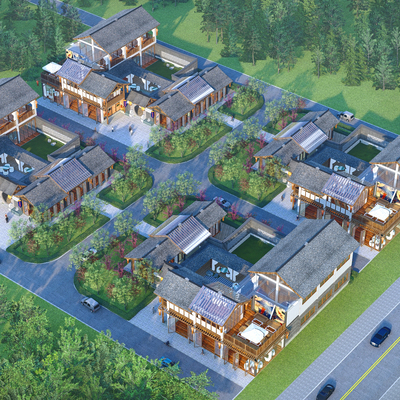  新中式民宿鸟瞰su模型 