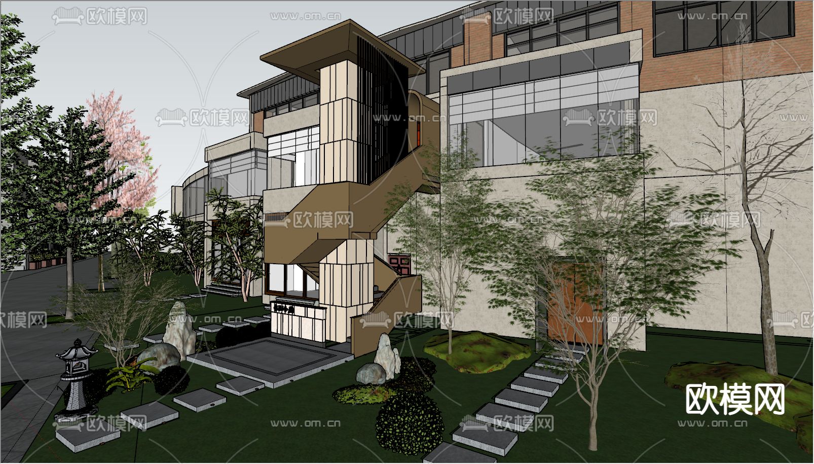 新中式独栋别墅外观su模型下载（渲染图3）