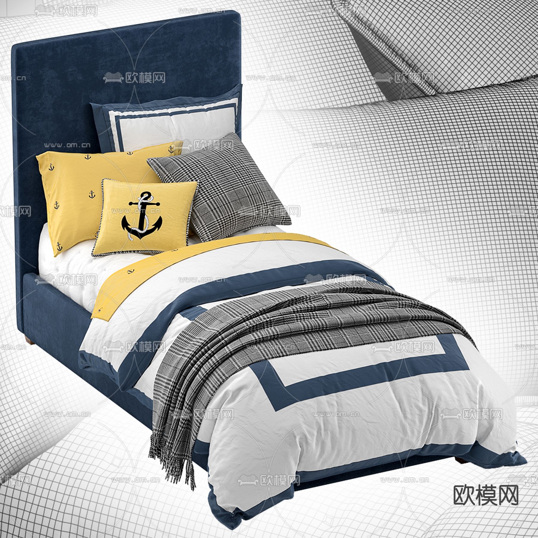 北欧风蓝色单人儿童床3d模型下载（渲染图4）