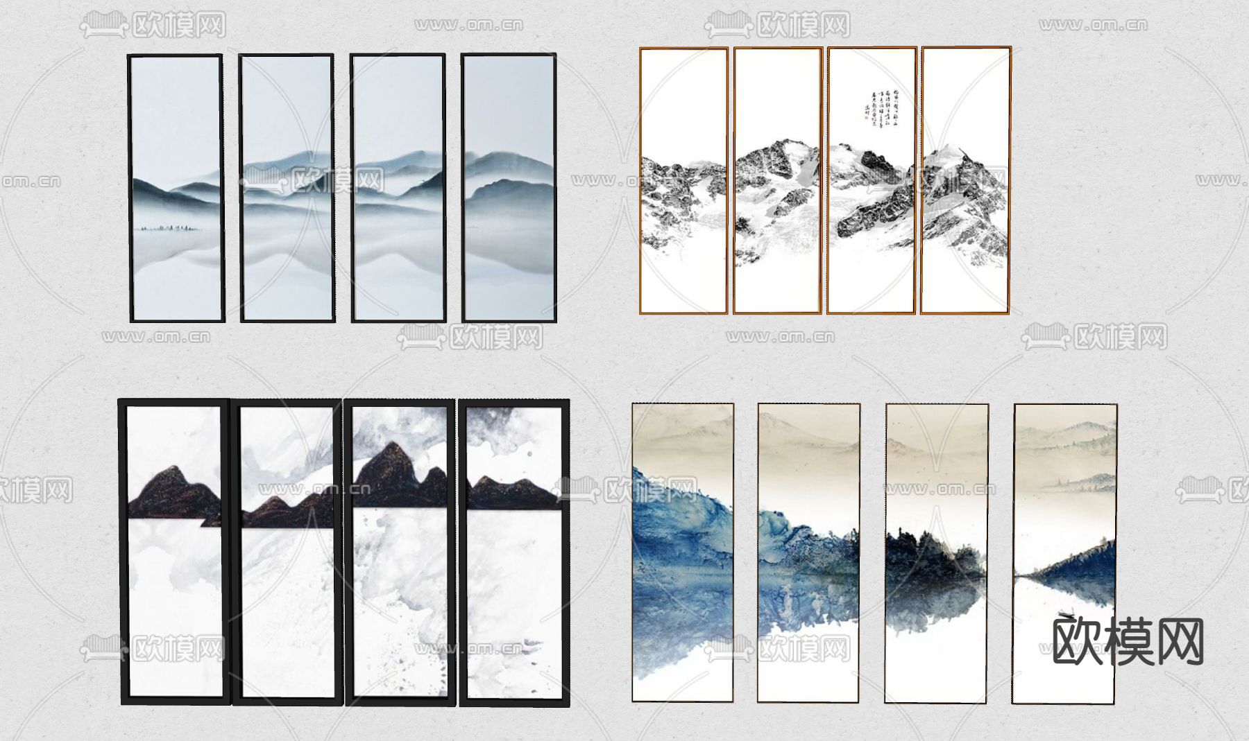 新中式装饰画挂画组合su模型下载（渲染图2）