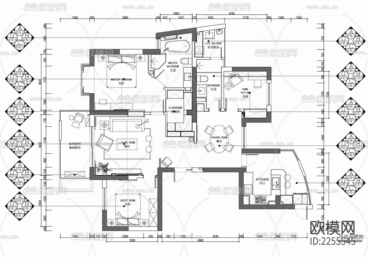 130㎡家装大平层cad施工图下载（渲染图1）