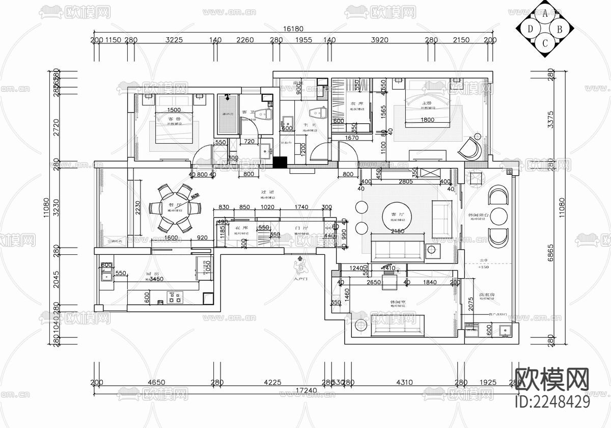 160㎡家装大平层cad施工图下载（渲染图2）