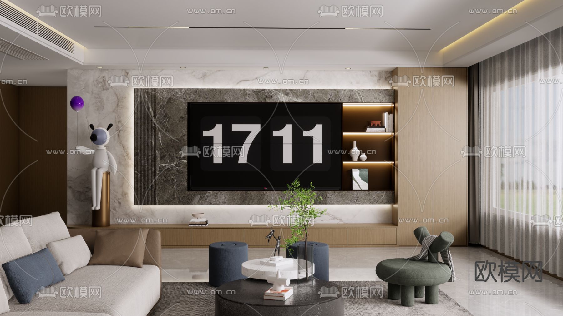 现代客厅电视墙su模型下载（渲染图1）