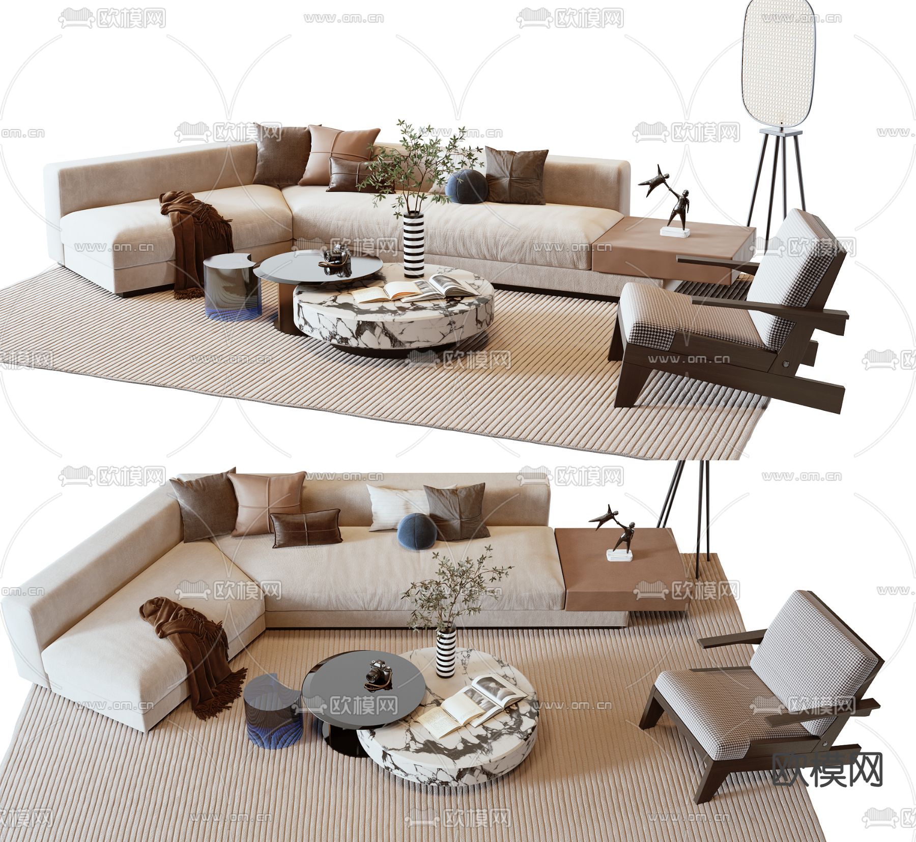 现代多人沙发茶几组合su模型下载（渲染图1）