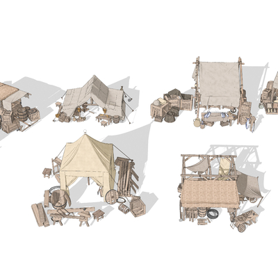  中式传统集市摊位su模型 