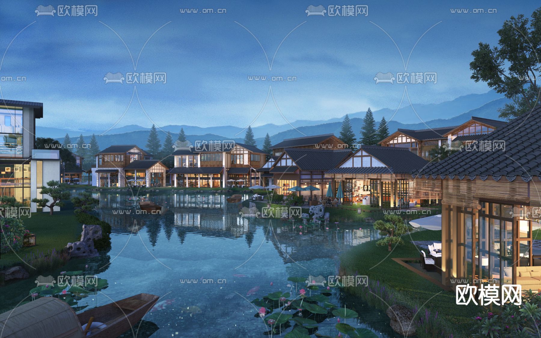 新中式农家乐商业街外观3d模型下载