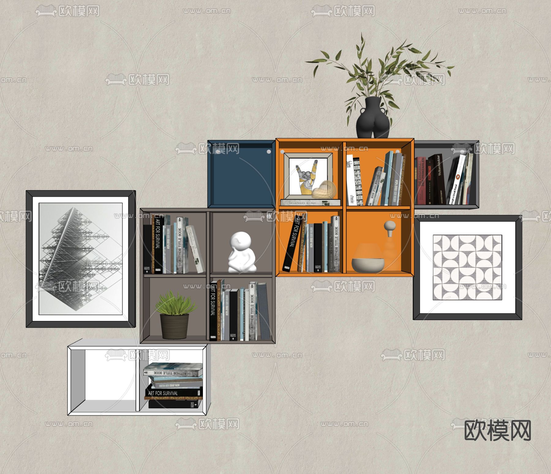 现代组合书架吊柜su模型下载（渲染图1）