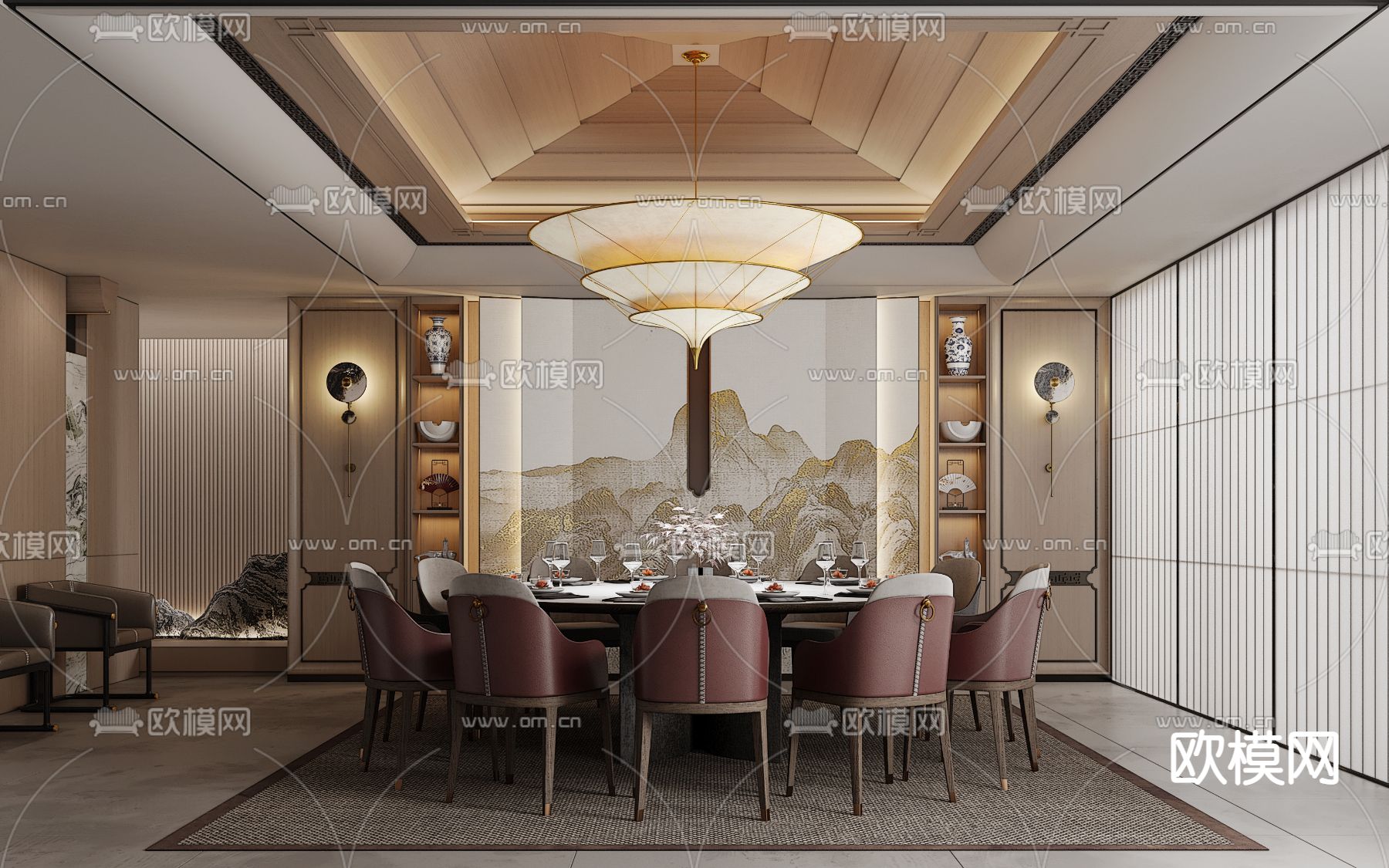 新中式餐厅包房su模型下载（渲染图1）