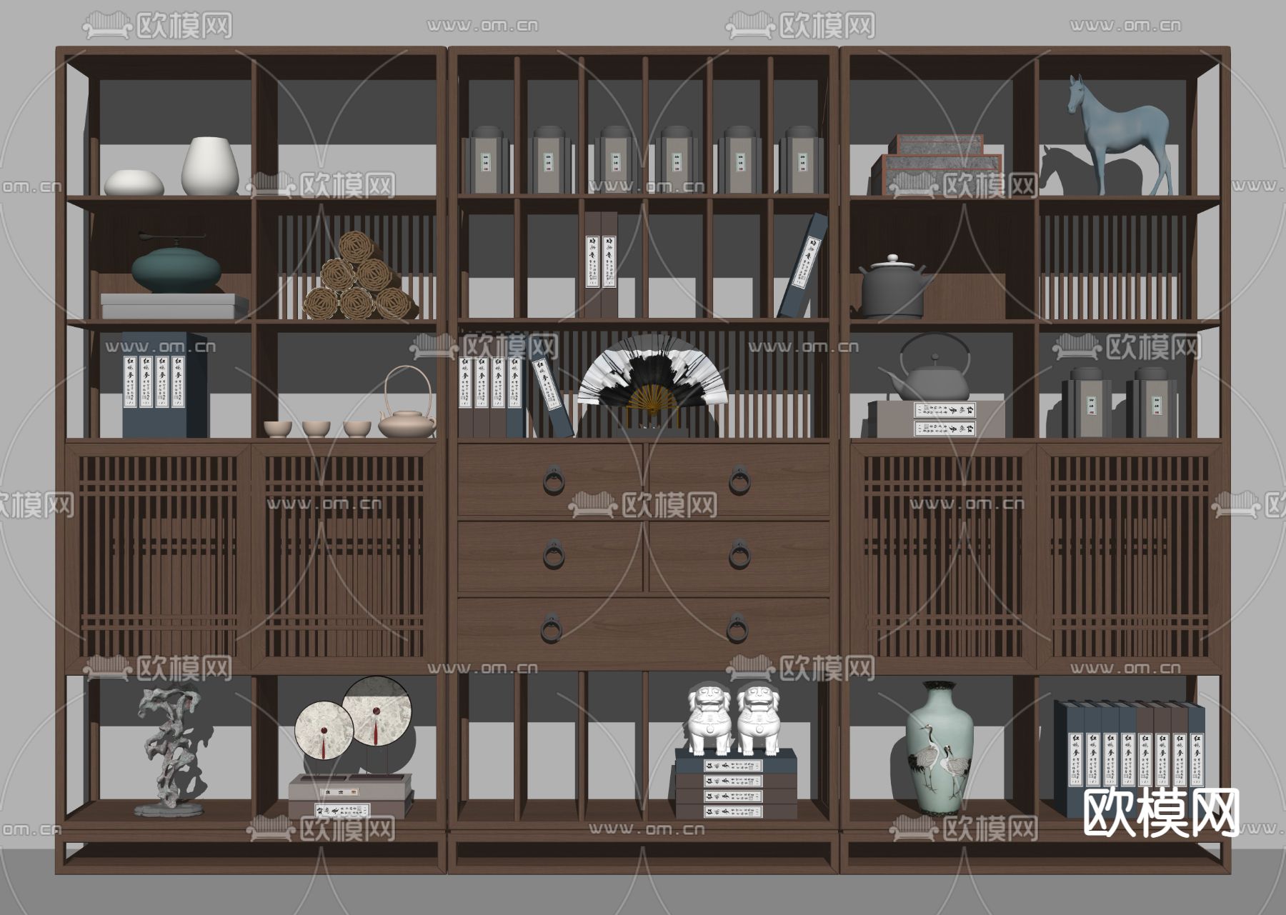 新中式实木博古架su模型下载（渲染图2）