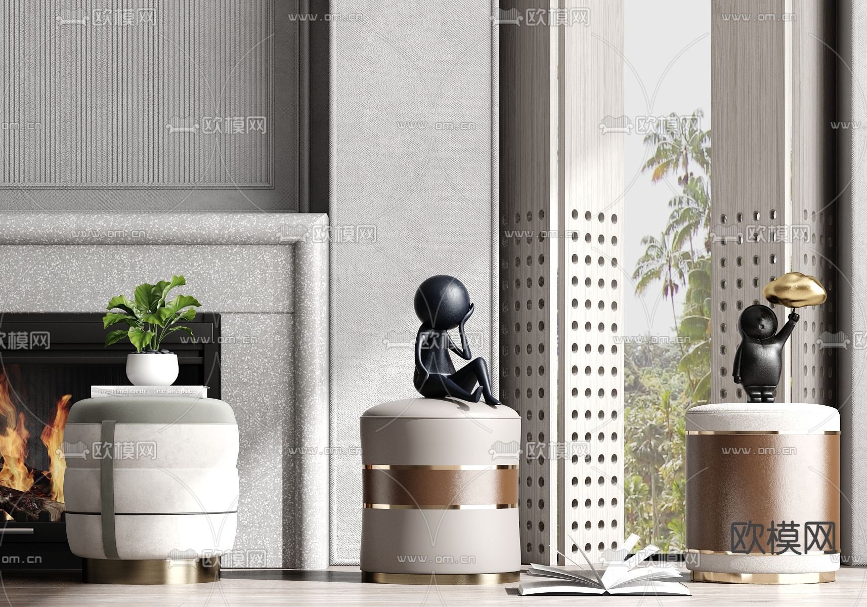 现代轻奢矮凳化妆凳组合su模型下载（渲染图1）