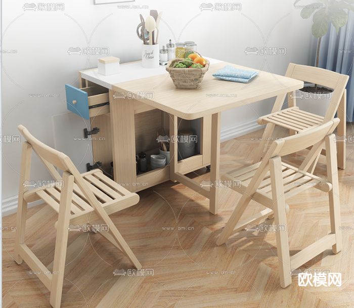 现代北欧风实木餐桌椅免费3d模型下载