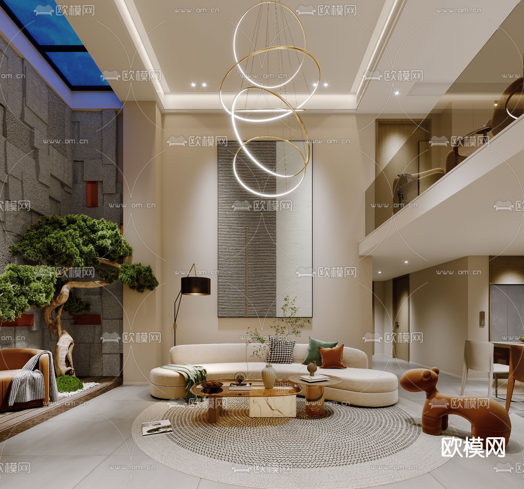 现代奶油风挑高别墅客餐厅3d模型下载（渲染图1）