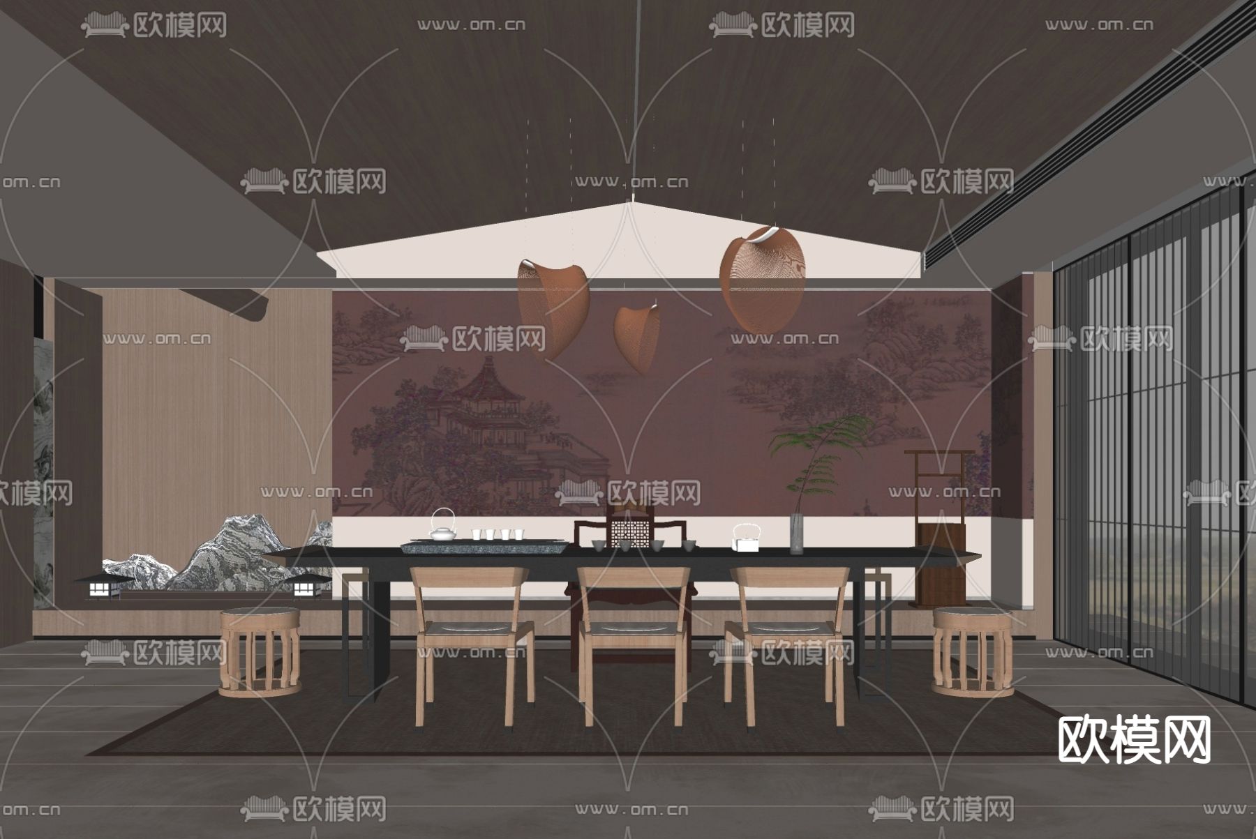 新中式茶室品茶区su模型下载（渲染图2）