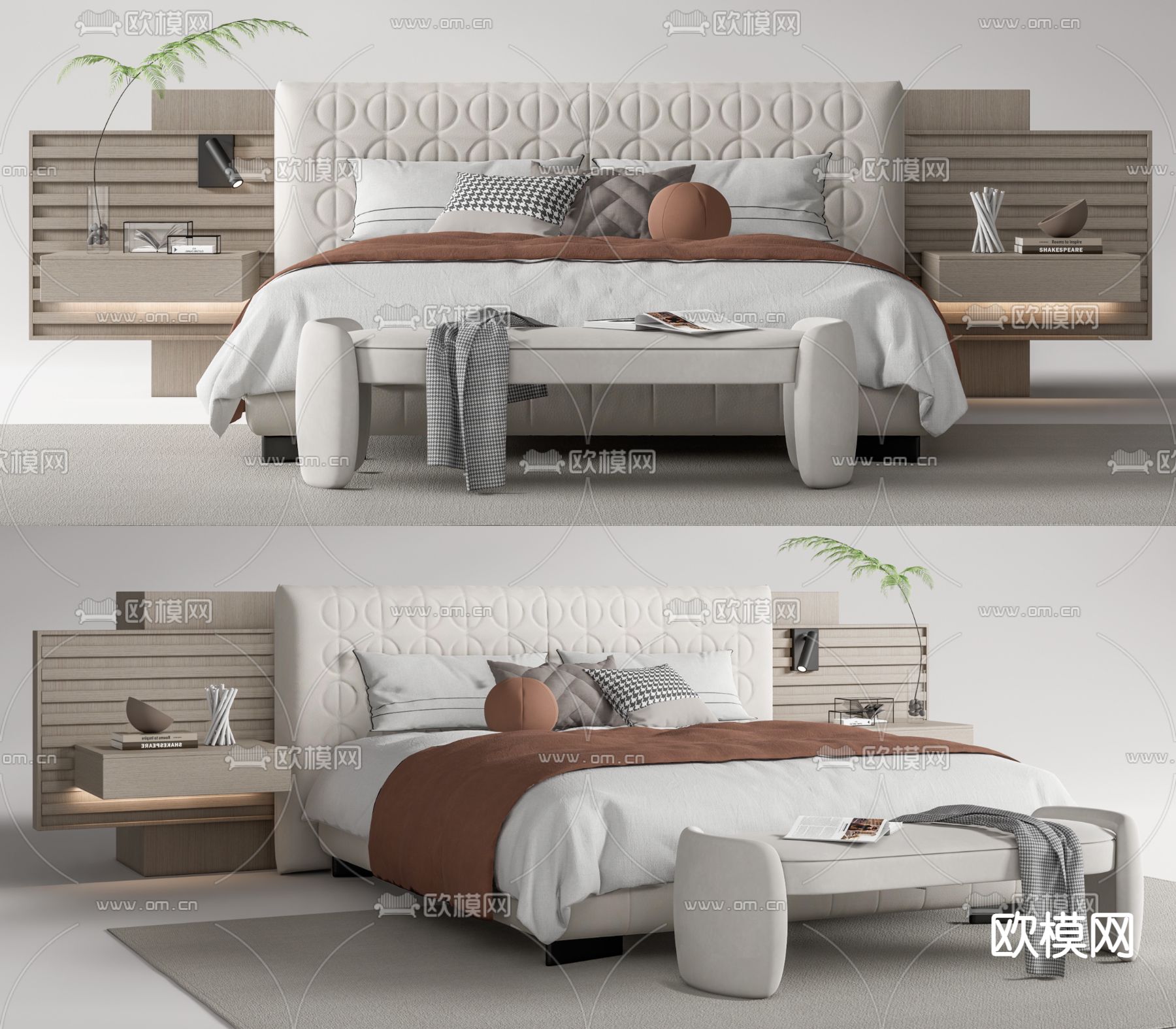 Minotti 现代布艺双人床su模型下载（渲染图1）