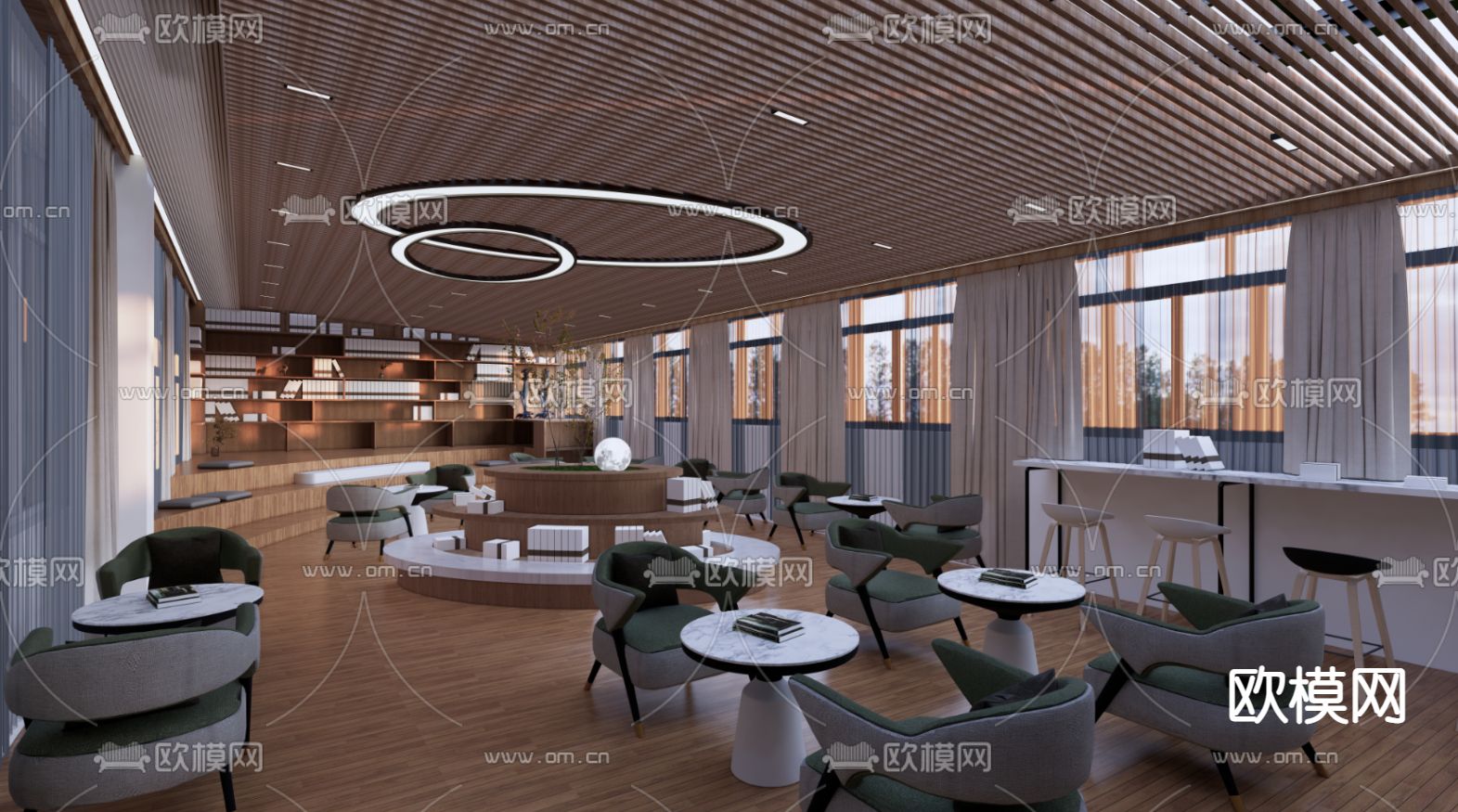 新中式图书馆su模型下载（渲染图1）