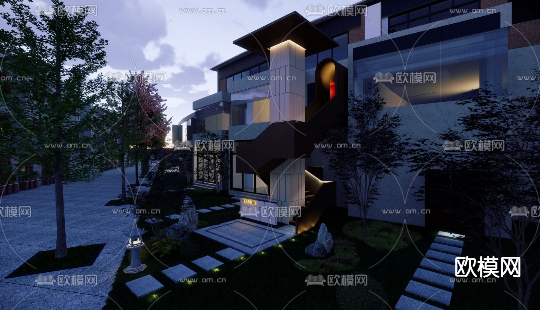 新中式独栋别墅外观su模型下载（渲染图2）