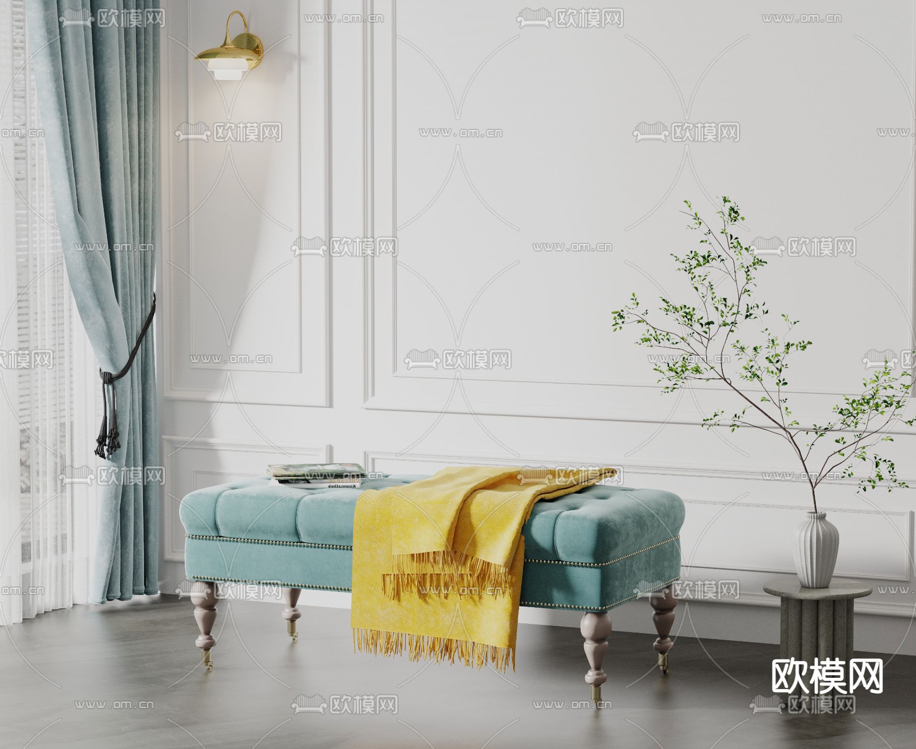 美式蓝色床尾凳脚踏3d模型下载