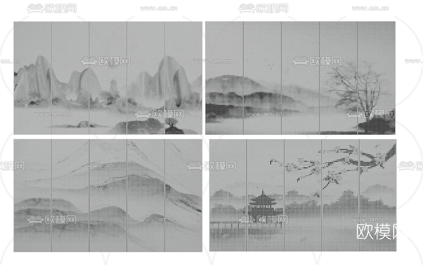 新中式穿孔铝板镂空墙面3d模型下载