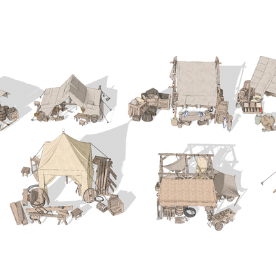  中式传统集市摊位su模型 