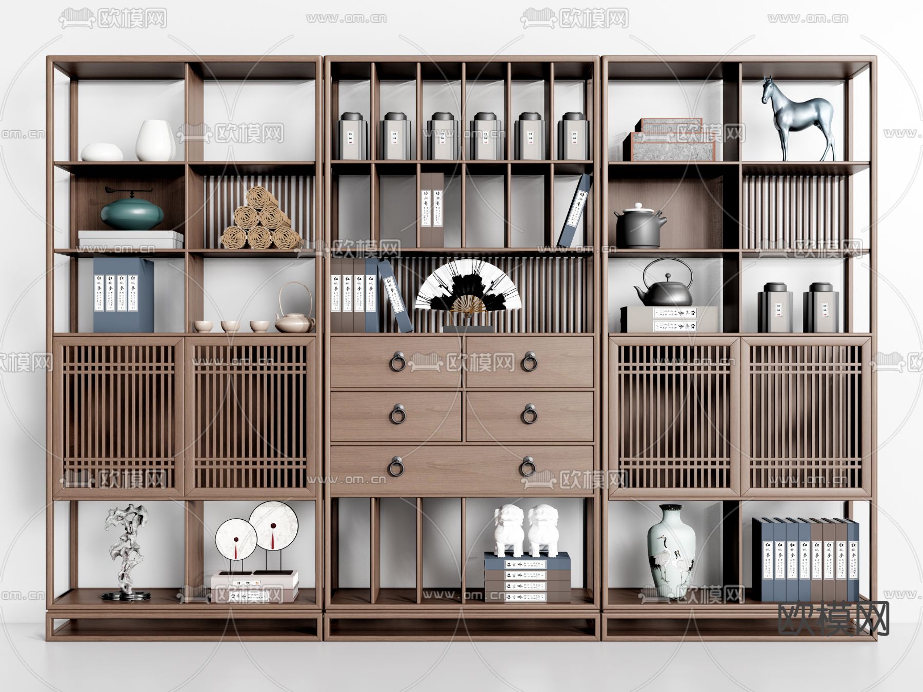 新中式实木博古架su模型下载（渲染图1）