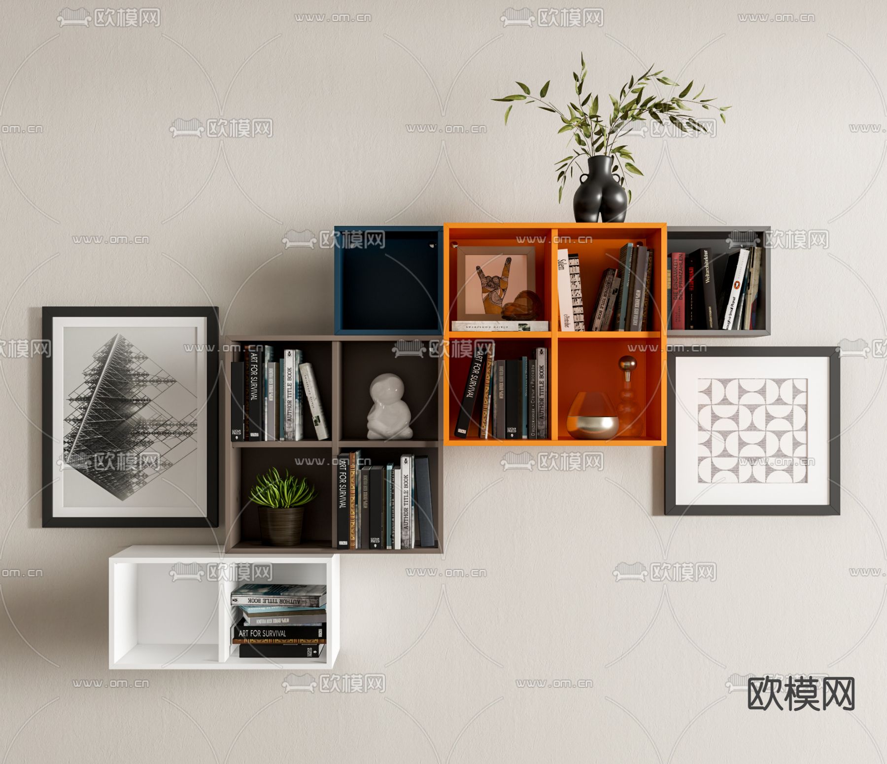 现代组合书架吊柜su模型下载（渲染图3）