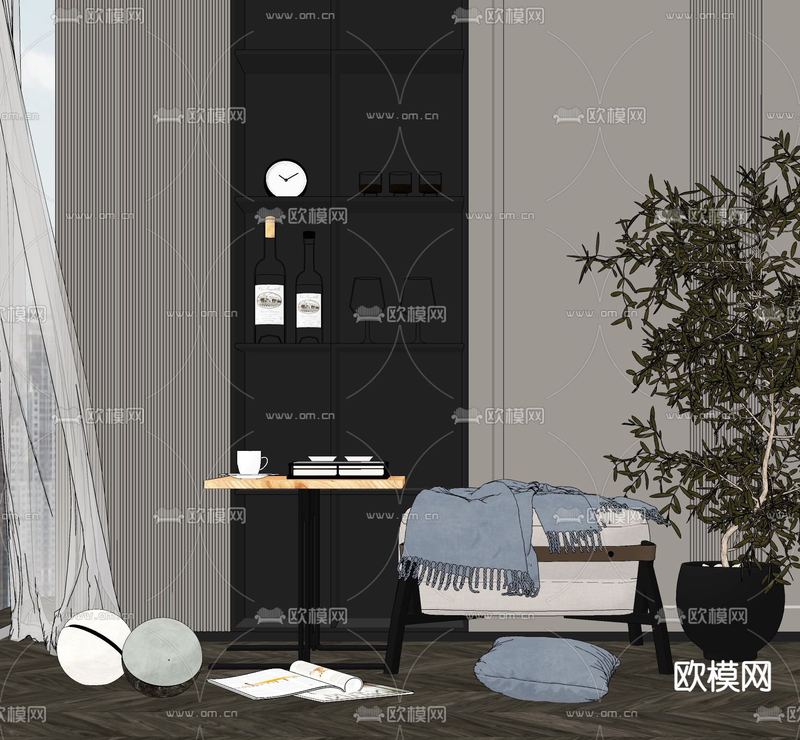 现代轻奢沙发凳su模型下载（渲染图2）