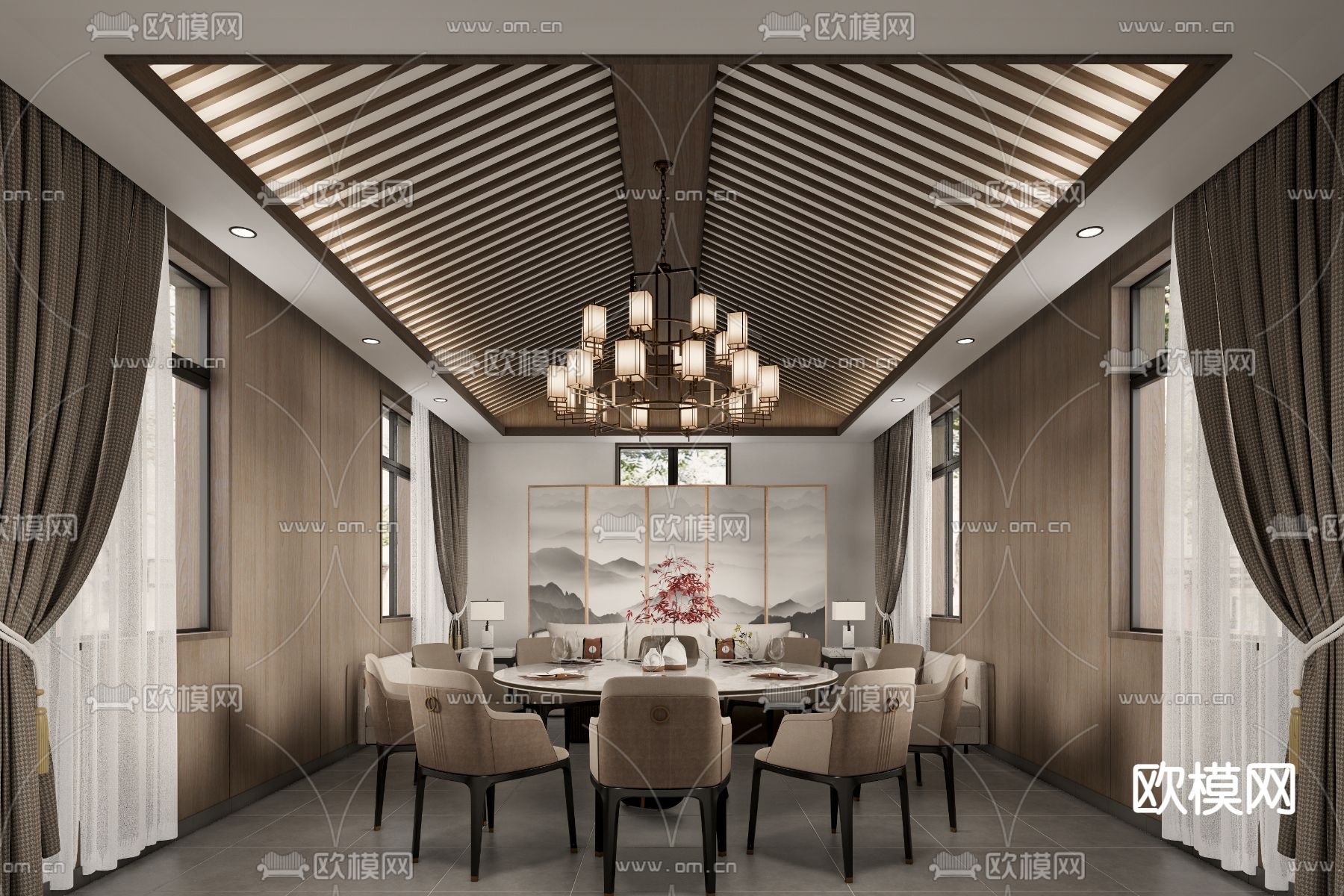 新中式餐厅包房su模型