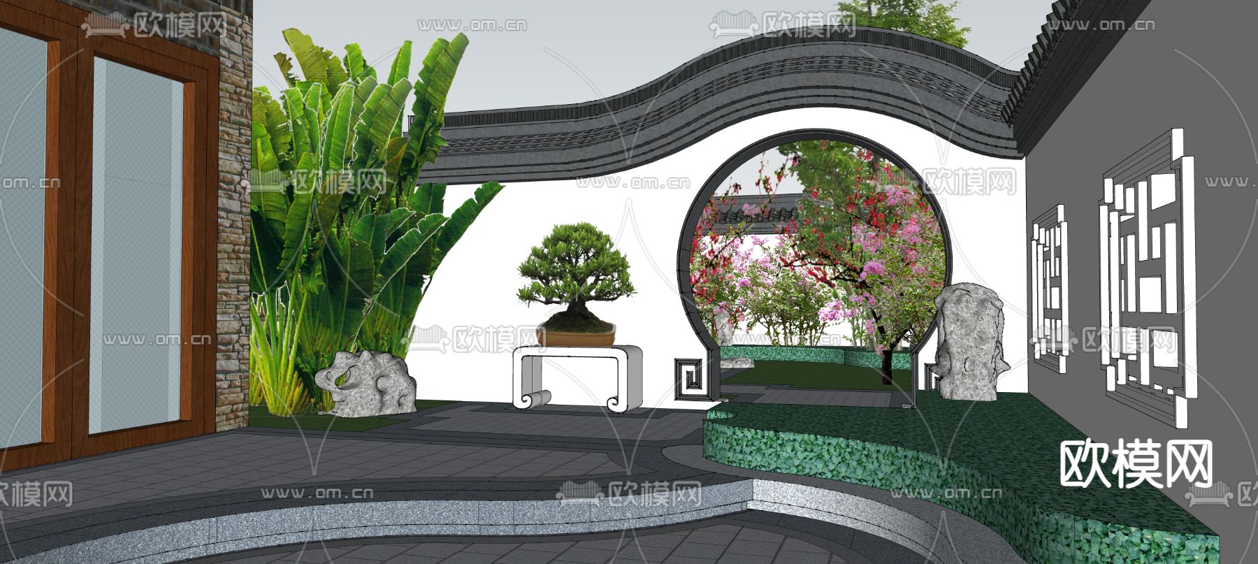 中式庭院花园景观su模型下载（渲染图2）