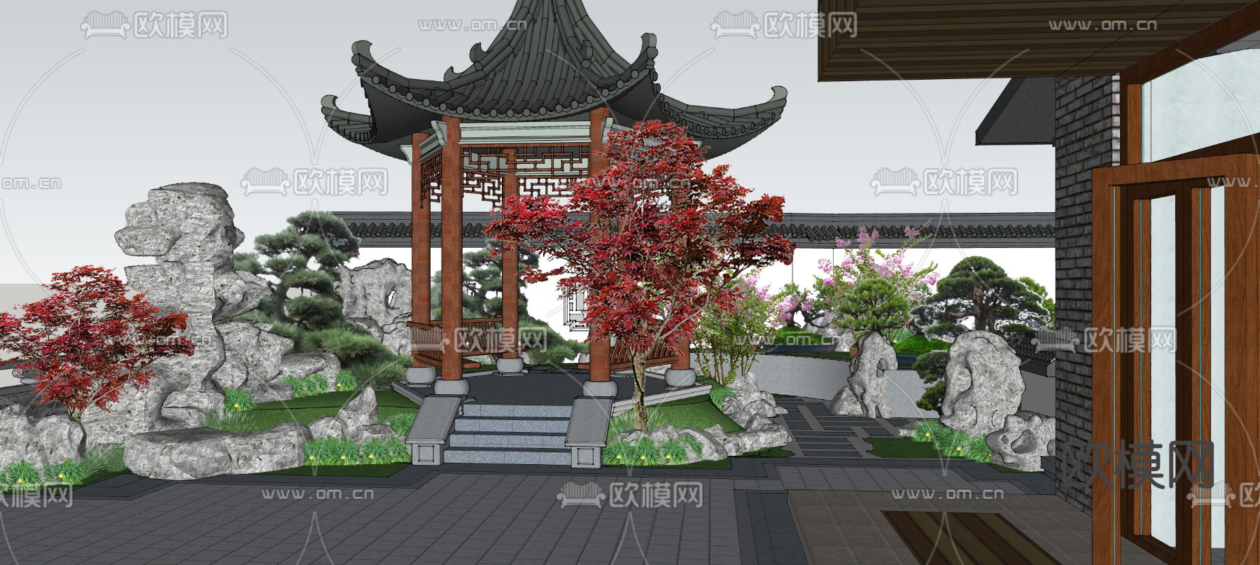 中式庭院花园景观su模型下载（渲染图1）