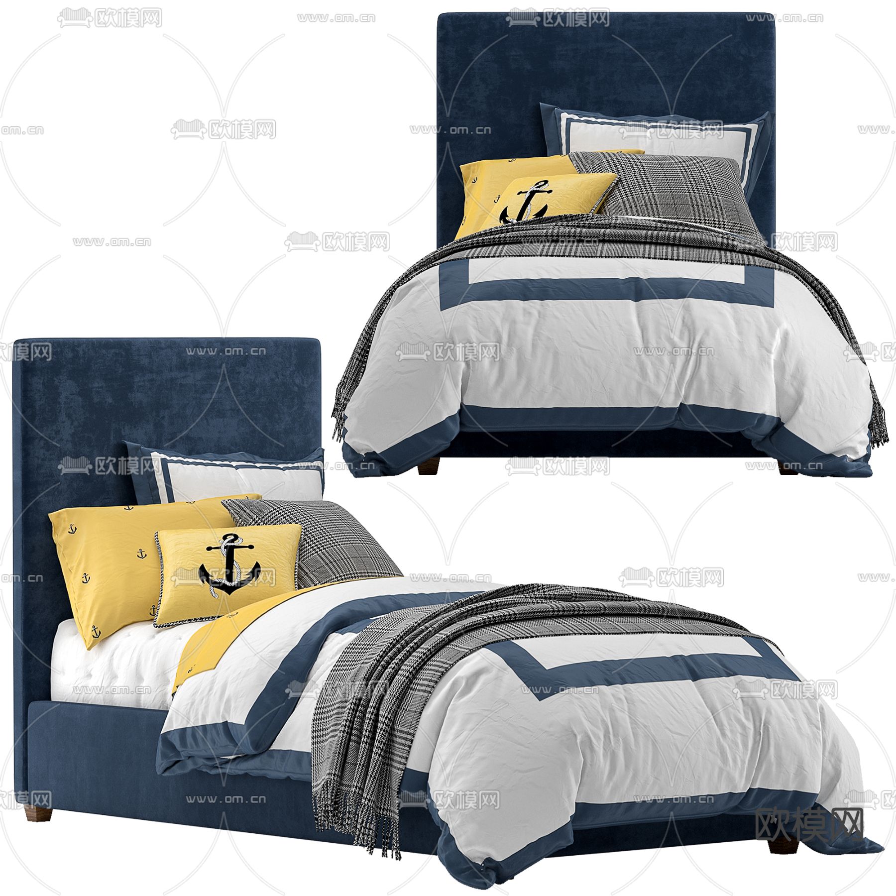 北欧风蓝色单人儿童床3d模型下载（渲染图1）