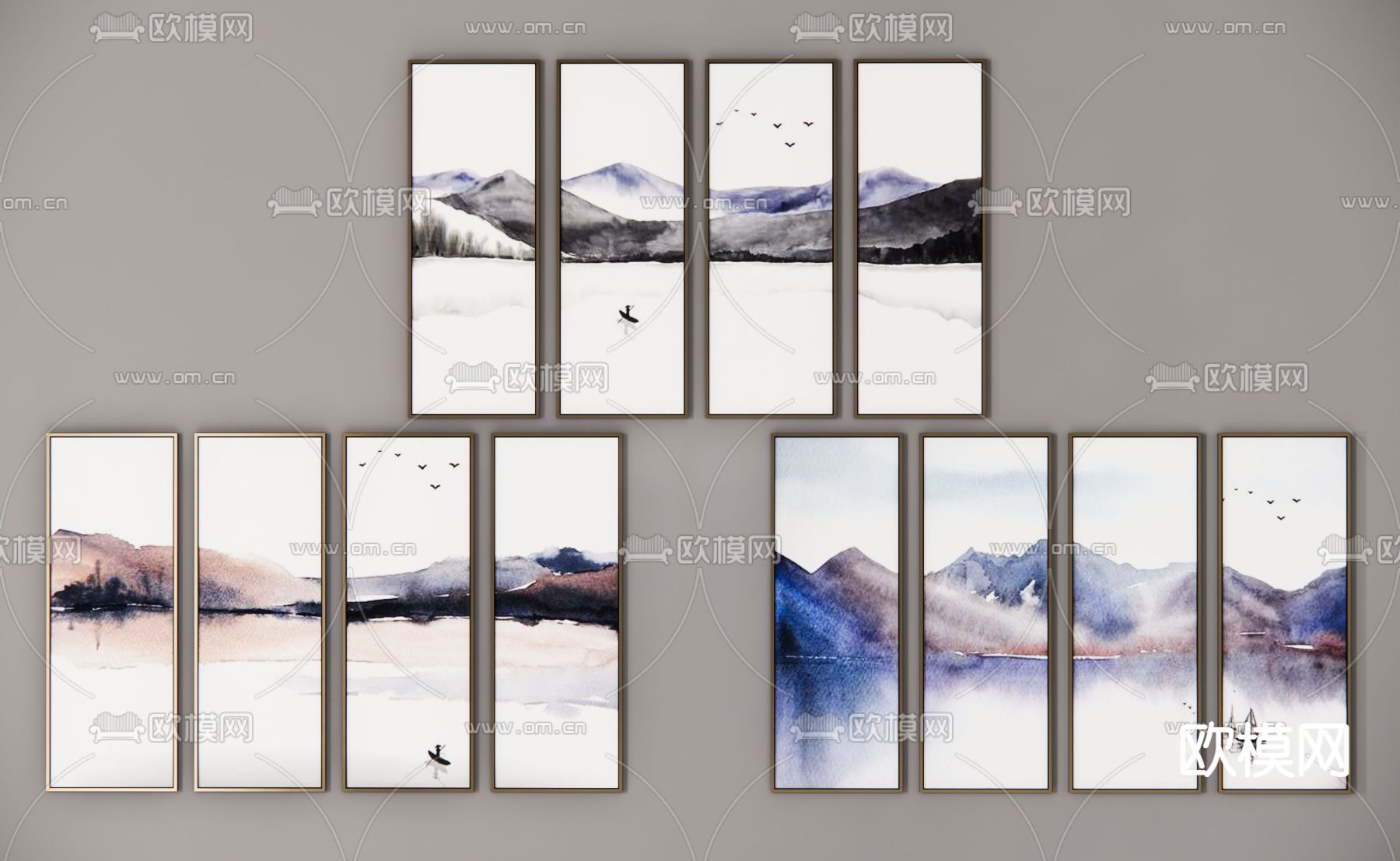 新中式装饰画挂画组合su模型下载（渲染图1）