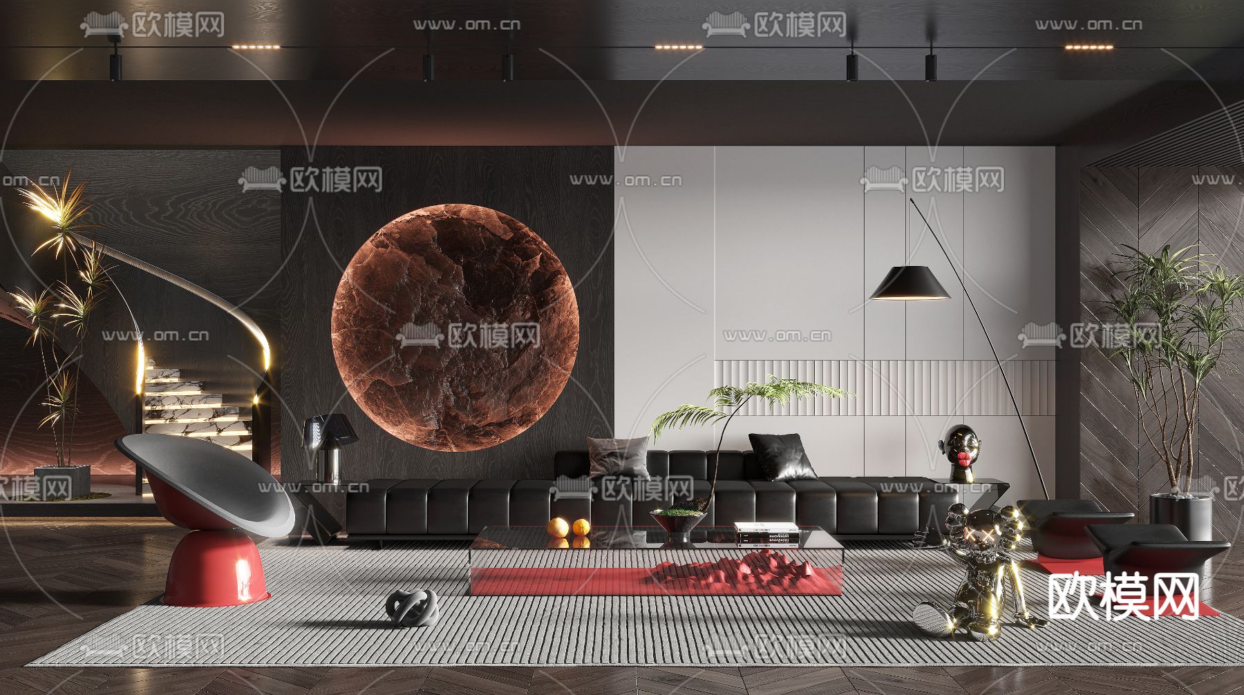 现代暗黑风客厅3d模型下载_ID12089789_3dmax免费模型-欧模网