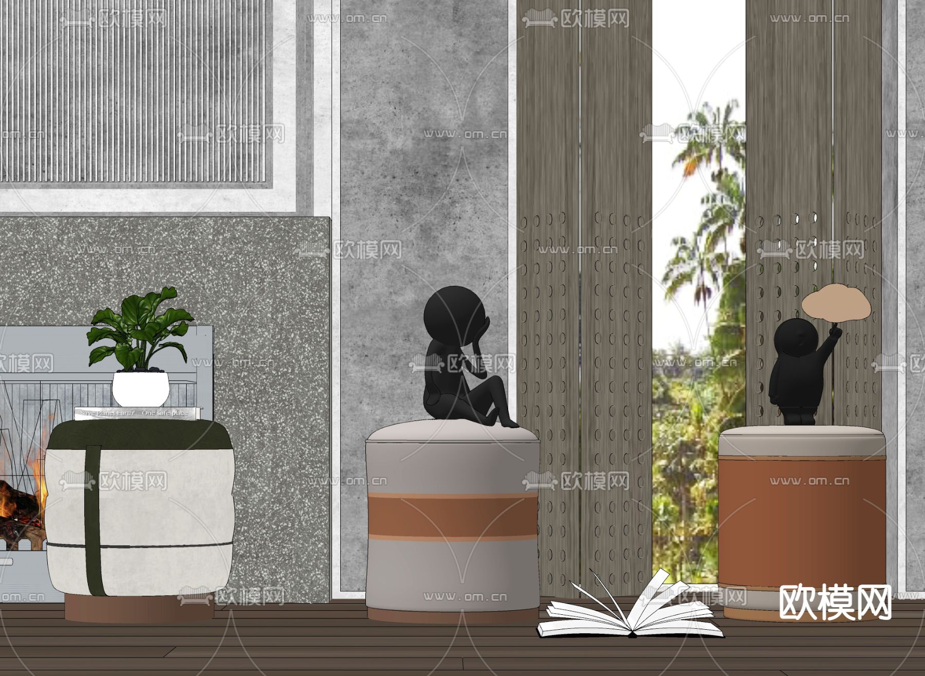 现代轻奢矮凳化妆凳组合su模型下载（渲染图2）