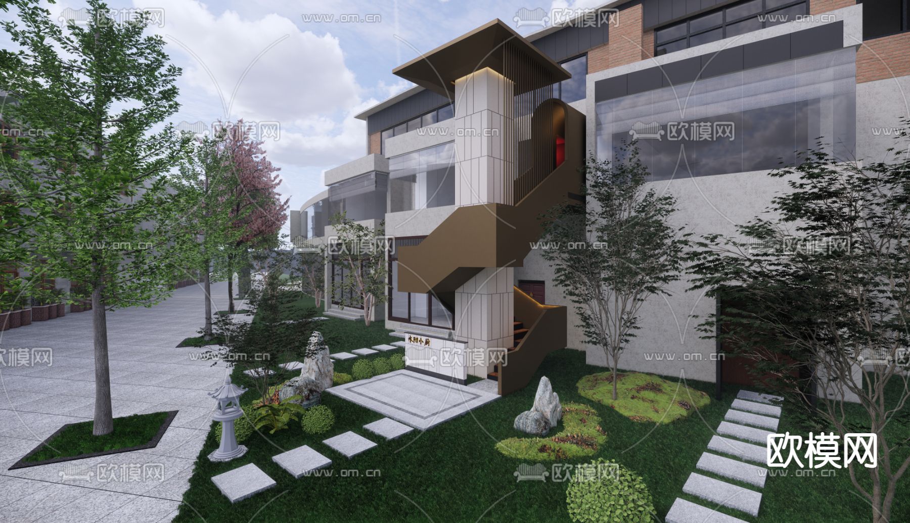 新中式独栋别墅外观su模型下载（渲染图1）