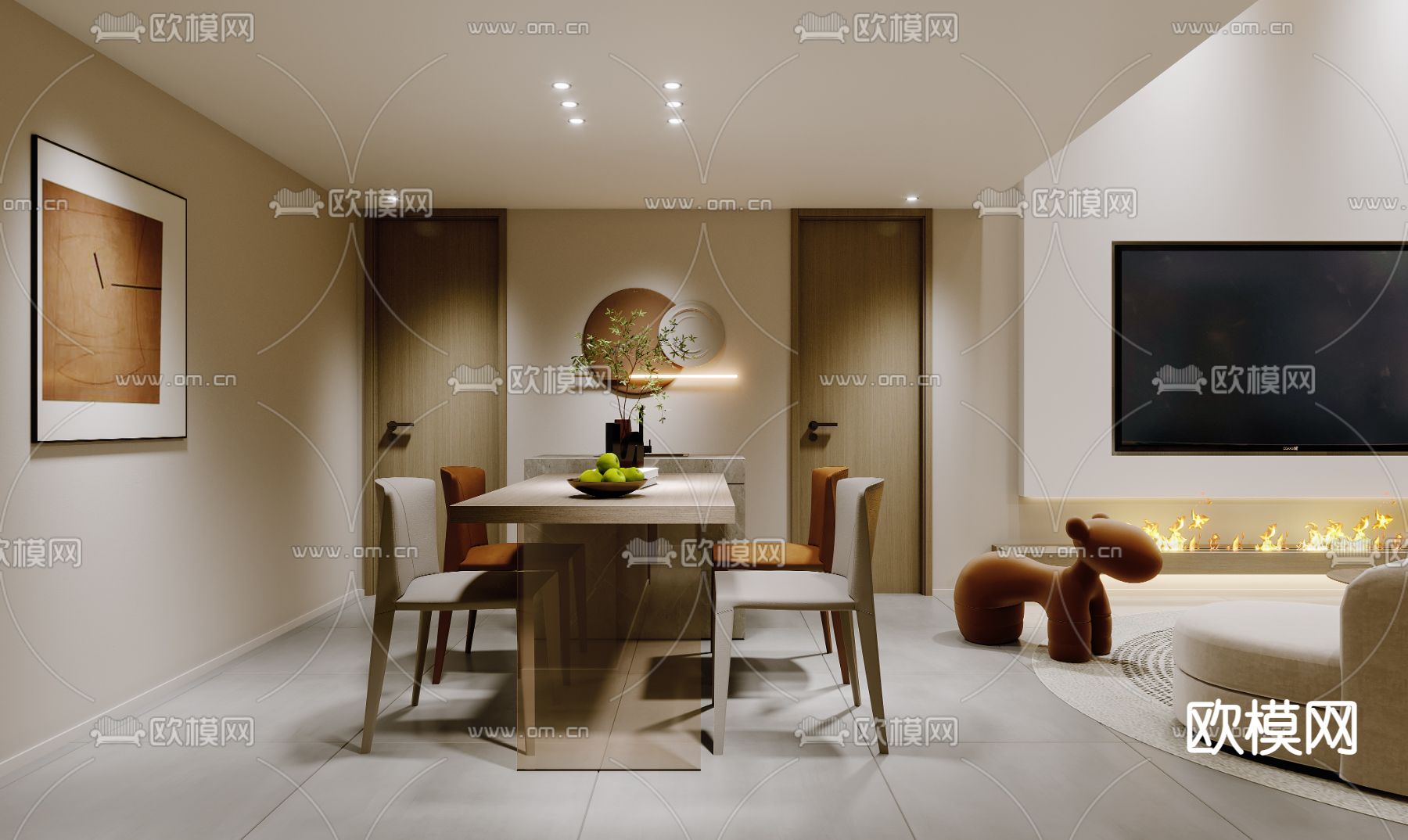 现代奶油风挑高别墅客餐厅3d模型下载（渲染图6）