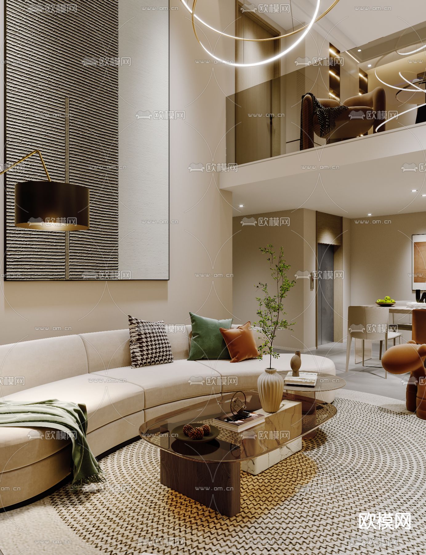 现代奶油风挑高别墅客餐厅3d模型下载（渲染图4）