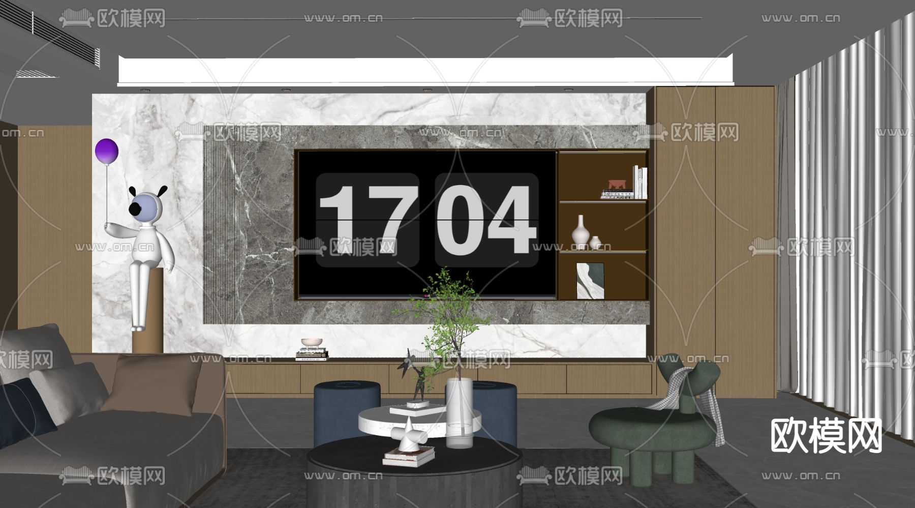 现代客厅电视墙su模型下载（渲染图2）