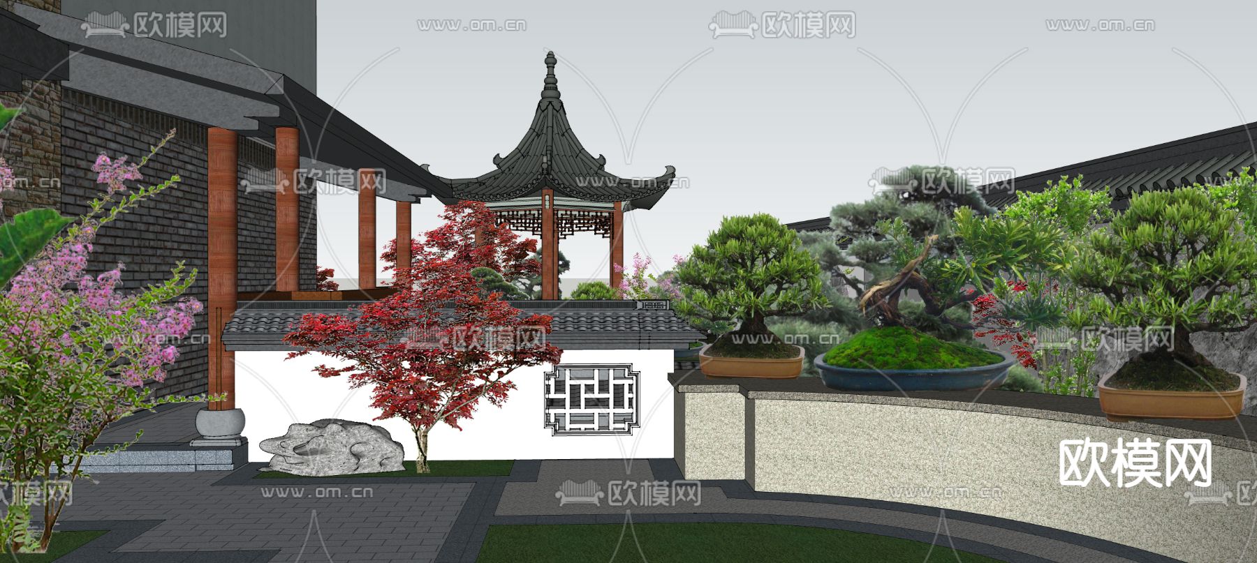 中式庭院花园景观su模型下载（渲染图4）