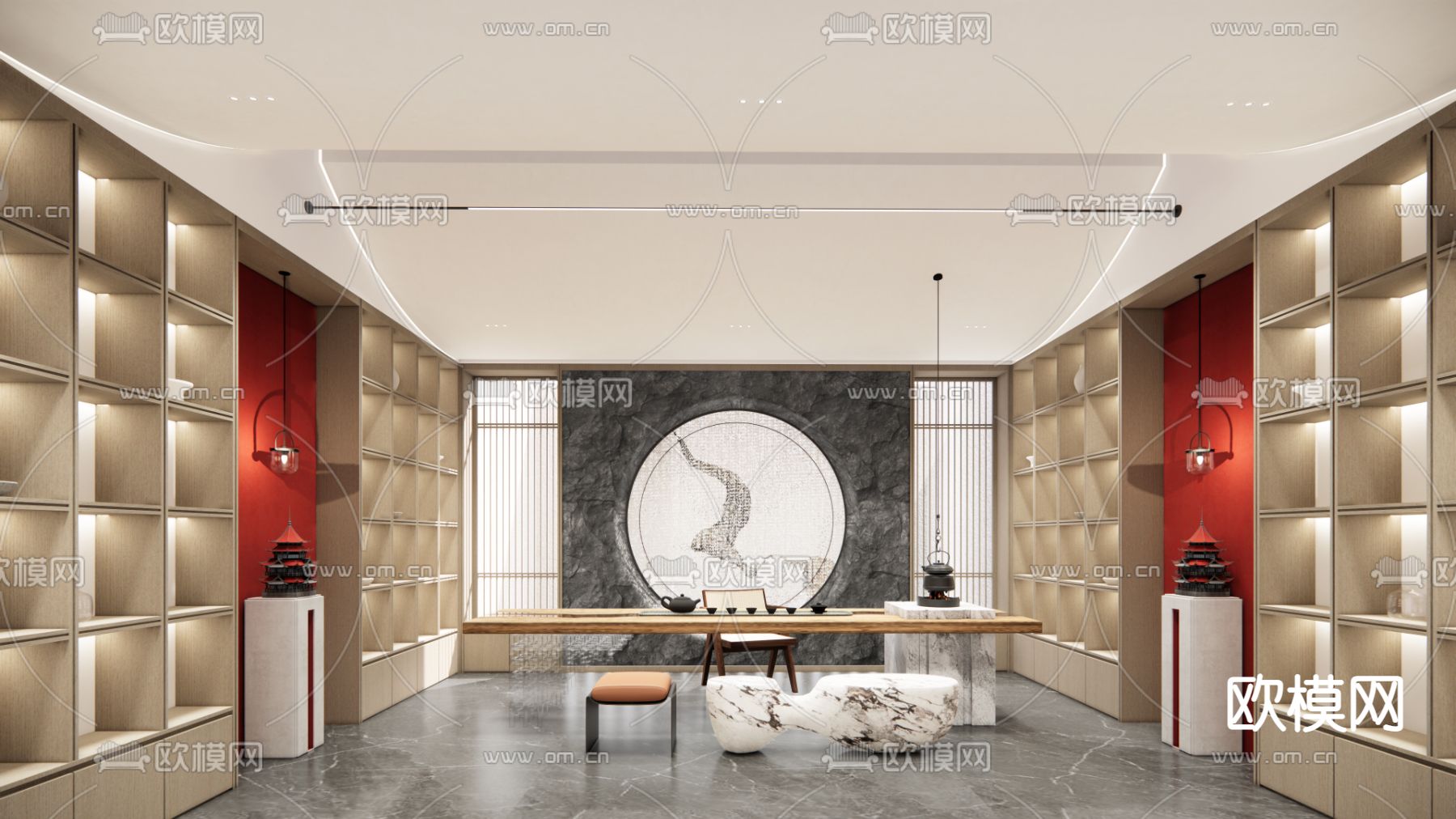 新中式茶室su模型下载（渲染图1）