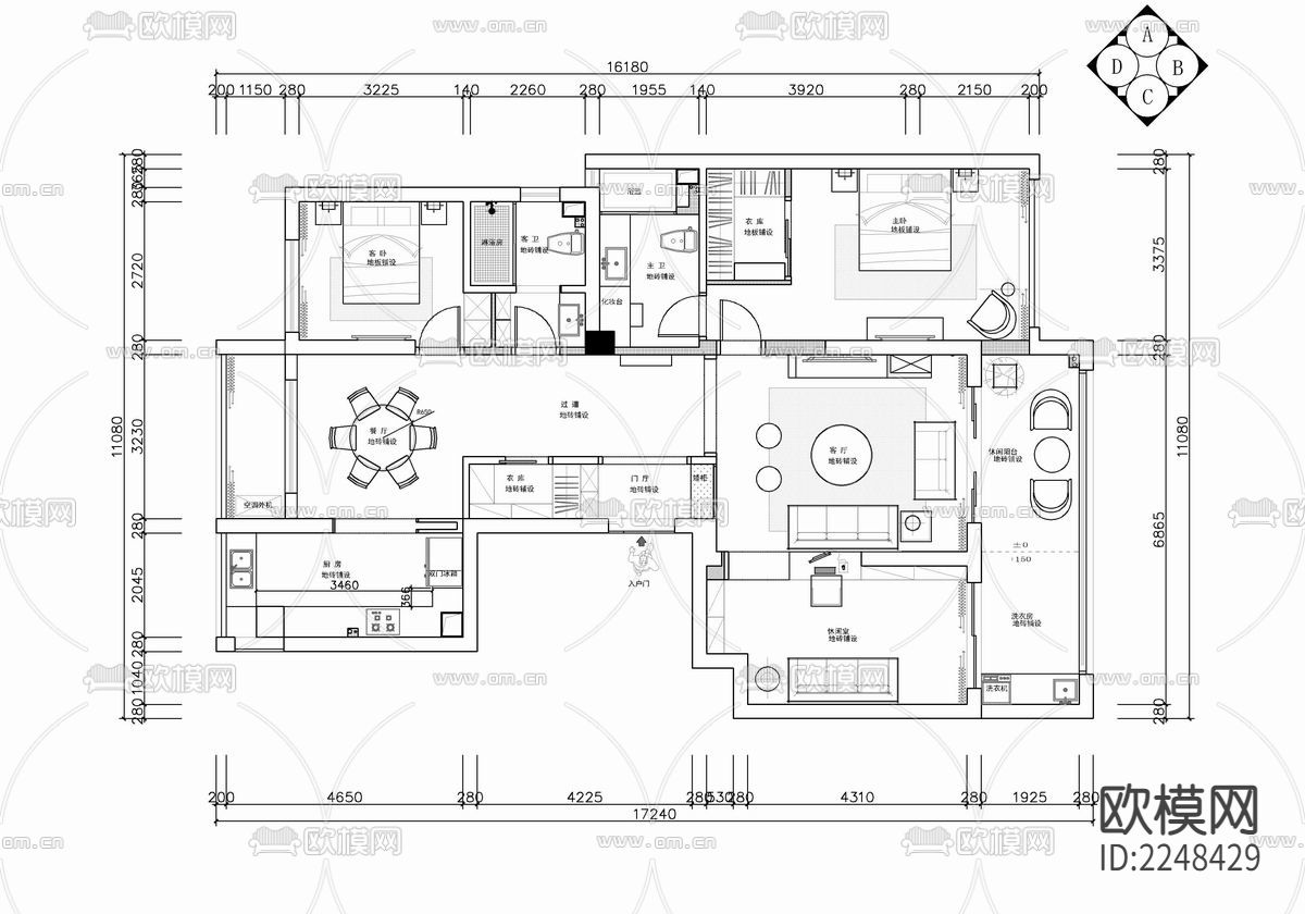 160㎡家装大平层cad施工图下载（渲染图1）