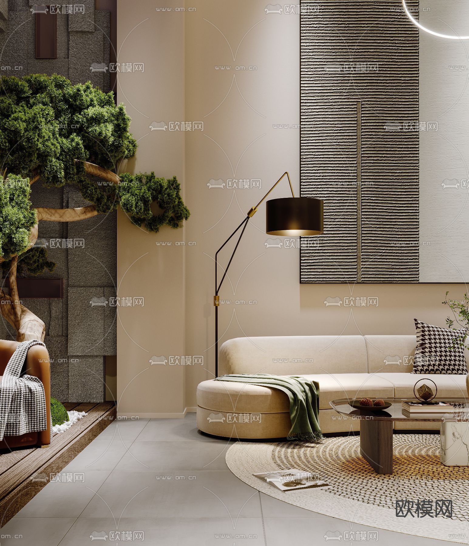 现代奶油风挑高别墅客餐厅3d模型下载（渲染图5）