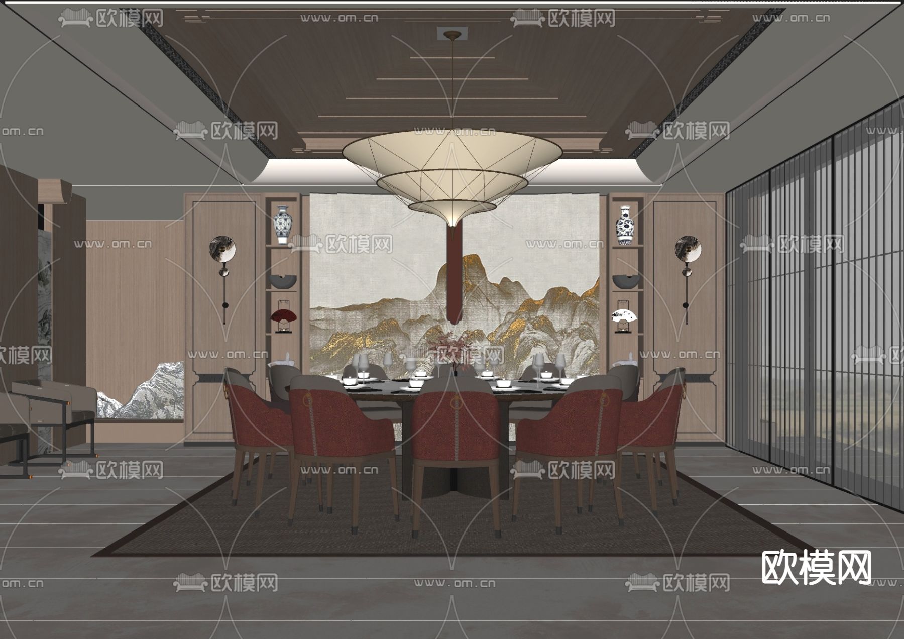 新中式餐厅包房su模型下载（渲染图2）
