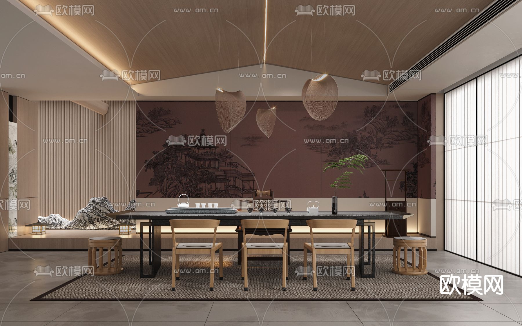 新中式茶室品茶区su模型下载（渲染图1）