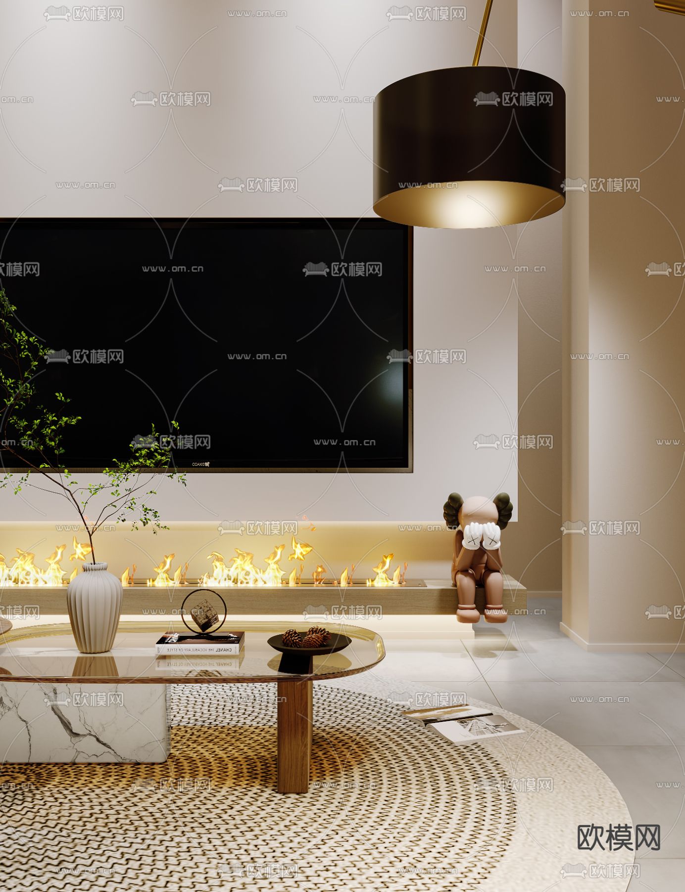 现代奶油风挑高别墅客餐厅3d模型下载（渲染图3）