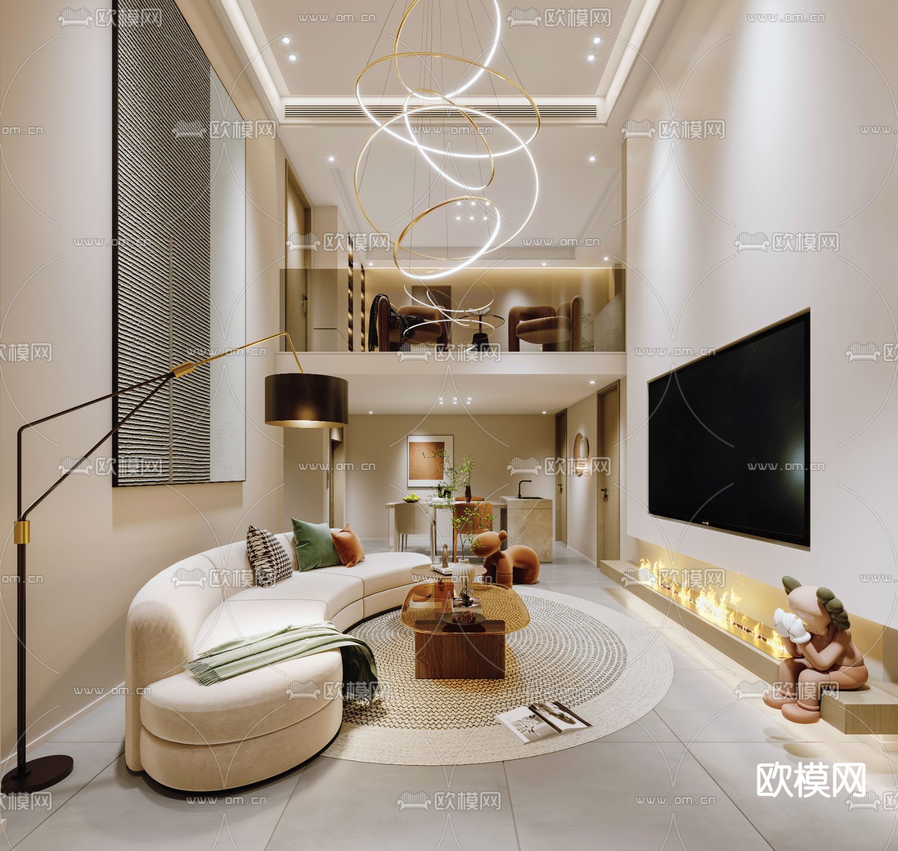 现代奶油风挑高别墅客餐厅3d模型下载（渲染图2）