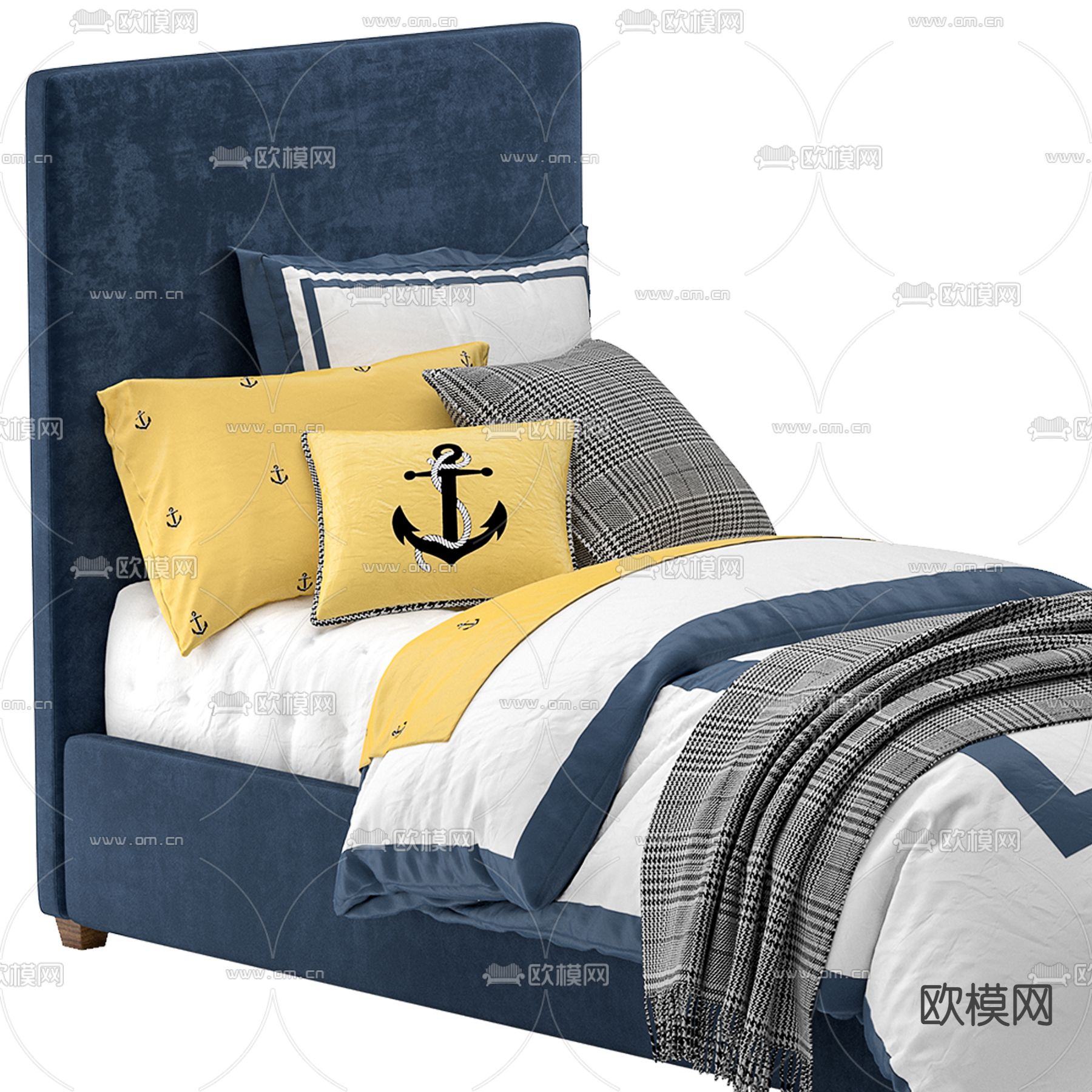 北欧风蓝色单人儿童床3d模型下载（渲染图3）