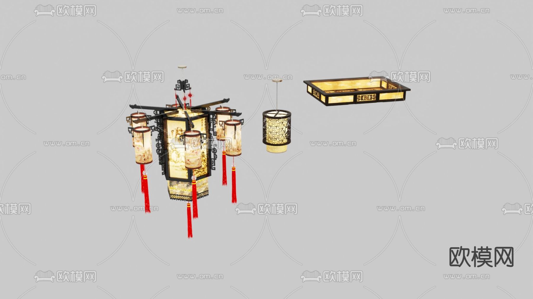 中式古典实木回文艺术吊灯免费3d模型下载